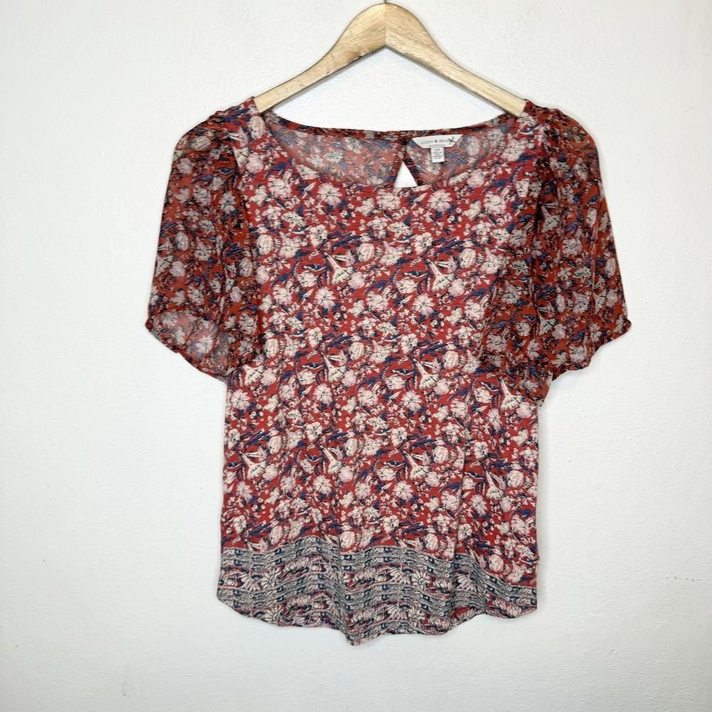 Lucky Brand Floral Mixed Media Flutter Sleeve Top Blouse Women's Small